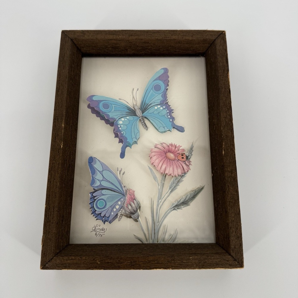 Vintage Butterfly Paper Tole Art Pink Flowers Shadow Box‎ Framed Cottagecore